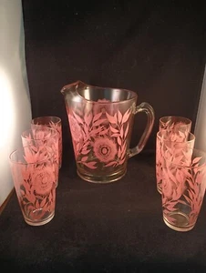 Serving Pitcher & 6 Glasses Mid-Century Clear with Pink Floral Glass - Picture 1 of 4