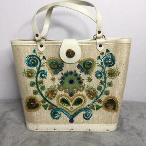 Vintage 1960`s Jewel Tone Label Canvas Tote Purse Handbag Summer Bag Whimsical - Picture 1 of 14