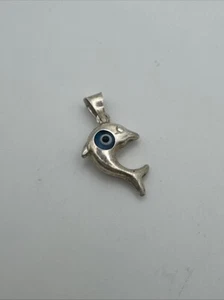 Dolphin Pendant Sterling Silver Cobalt Blue Glass "Evil Eye" Pendant  - Picture 1 of 5