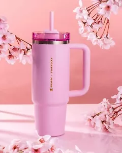 Stanley X Starbucks Limited Pink Cherry Blossom 40oz Tumbler Flowstate H2.0 - Picture 1 of 4