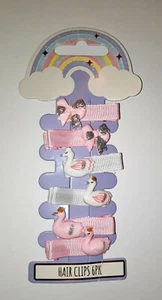 Girs Bow and Crowned Swan Glitter Sparkle Pink & White Ribbon Hair Clips Grips - Picture 1 of 1