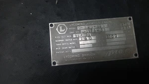 AVCO LYCOMING MODEL 0-320-B2A AIRCRAFT/AIRPLANE MOTOR/ENGINE DATA TAG ONLY - Bild 1 von 2