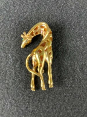 Vintage Giraffe Pin Gold Plated With Amber Enamel and Green Stones for Eyes - Image 1 of 4
