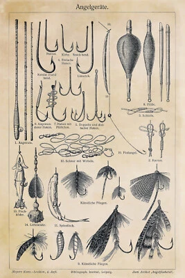 Póster Equipo de Pesca Aparejos Cañas Carretes Cebo Señuelos Antiguos Pesca con Mosca Cabina Decoración Foto 1 de 3