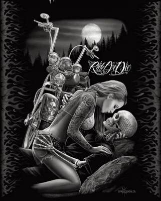 New Lovers Ride or Die Motorcycle Fleece Throw Gift Blanket Skeleton Kiss Skull - Image 1 of 3