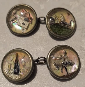 KOMPLETTSATZ EDWARDIANISCHE ESSEX UMGEKEHRT BEMALTE TIEFDRUCK MANSCHETTENKNÖPFE 4 SÜNDEN DES MENSCHEN - Bild 1 von 10