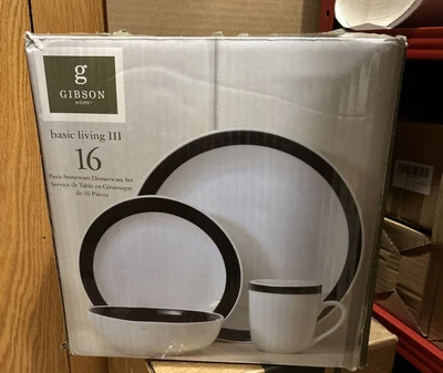 16 Piece Porcelain Dinnerware Set White Black Rims Gibson Home Noble Court NIB - Image 1 of 3