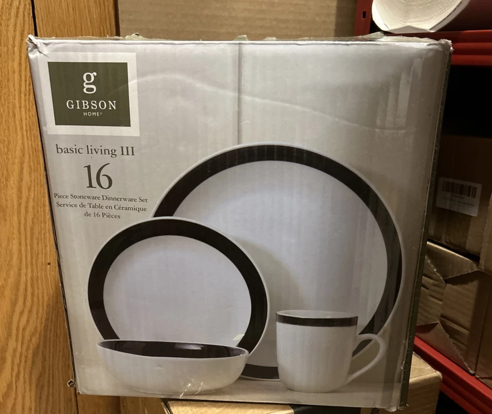 16 Piece Porcelain Dinnerware Set White Black Rims Gibson Home Noble Court NIB - Image 1 of 3
