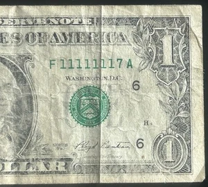 (NEAR SOLID!!) $1 *WORN* Binary Solid 7 In A Row Fancy Serial Number F11111117A - Picture 1 of 4