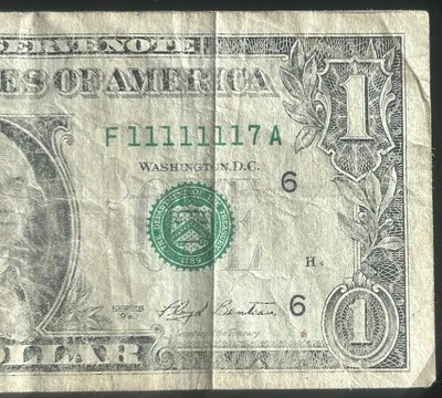 (NEAR SOLID!) $1 *WORN* Binary Solid 7 In A Row Fancy Serial Number F11111117A - Image 1 of 4