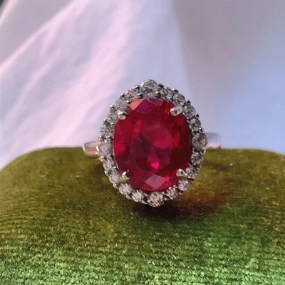 Anillo de aniversario de diamantes y rubíes naturales de corte ovalado de 3,45 quilates de oro blanco de 14 k talla 7 Foto 1 de 4