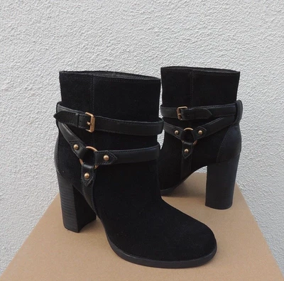 UGG DANDRIDGE NEGRO GAMUZA TACÓN ALTO ARNÉS ENVOLTURA BOTINES, US 11/ EUR 42 ~ NUEVO EN CAJA Foto 1 de 4