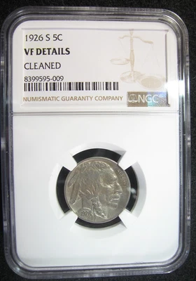1926 s BUFFALO NICKEL -  5c - NGC VF - Details Cleaned - Image 1 of 2