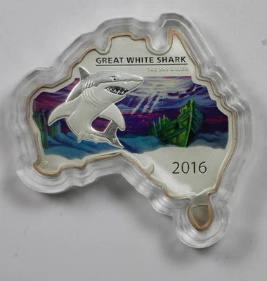 Mapa australiano Australia Perth Mint 2016 gran tiburón blanco en forma de 1 oz plata 999 Foto 1 de 2