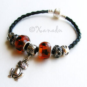 Black And Brown Calico Kitty Cat Beads On Black Leather European Charm Bracelet