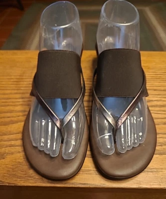 NR Rapisardi Firenze 女式楔形丁字鞋凉鞋棕色青铜 9.5 码弹力带 — 第 1/4 张图片