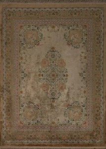 100% Silk Beige Art Deco Chinese Rug 8'x10' Hand-knotted Dining Room Rug Carpet - Picture 1 of 12