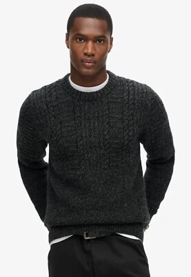 Superdry Jumper Crew Neck Cable Knit Long Sleeve Pullover Wool Mix Black Grey - Image 1 of 4
