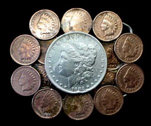 NICE ANTIQUE BELT BUCKLE WITH 1882 MORGAN SILVER DOLLAR & INDIAN HEAD CENTS! - Picture 1 of 4