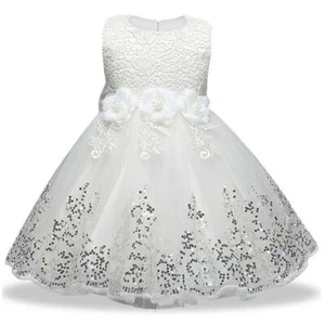 White Baby Princess Girls Dress Christening Wedding Sequin Party Kids Clothes - Picture 1 of 2