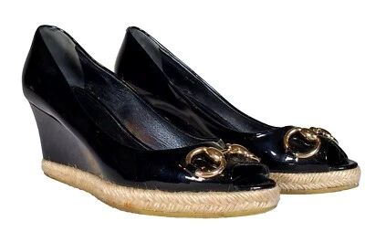 Gucci Logo Horsebit Peep Toe Wedge Pumps Black Patent Leather US 8 (EU 38.5) - Image 1 of 4