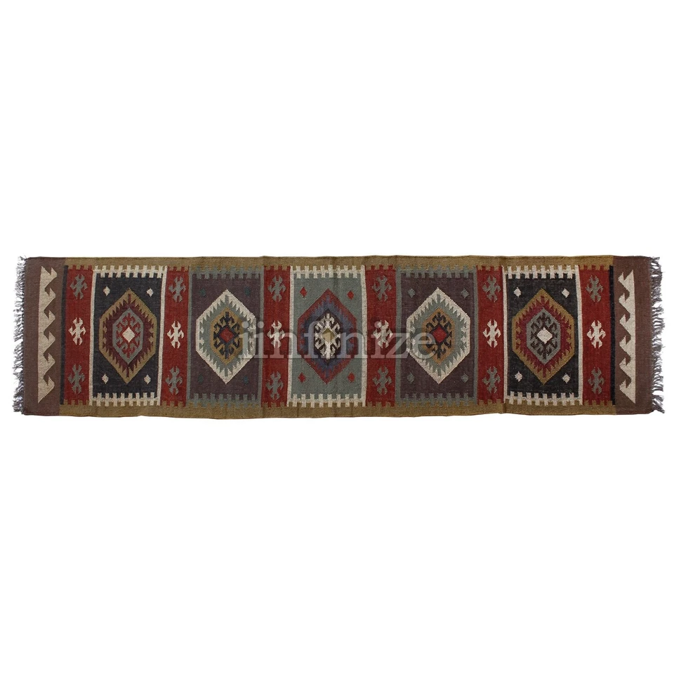 Rustic Handmade Wool Jute Rug Runner 30x96" Boho Reversible Kilim Stair Yoga Mat - Image 1 of 4