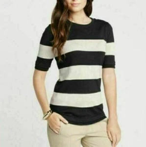 NWT Ann Taylor shoulder buttons short sleeves Black Beige bold stripe Sweater S - Picture 1 of 2
