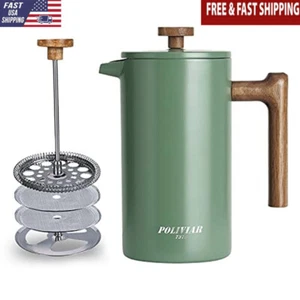 Stainless Steel French Press Coffee Maker 34oz Insulated Brewer W/ Wood Handle - Picture 1 of 6