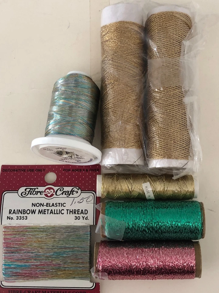 Metallic Embroidery Thread-Gold Medium & Fine Braid Thread - Lot 6 Spools +1 pk - Image 1 of 1