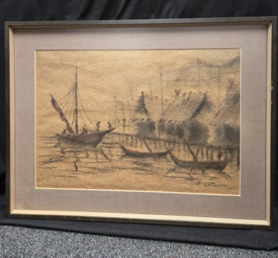 De colección Firmado V.N. Tonsukh '69 acuarela pastel junto al mar enmarcada y mate 24" Wx19" H Foto 1 de 4