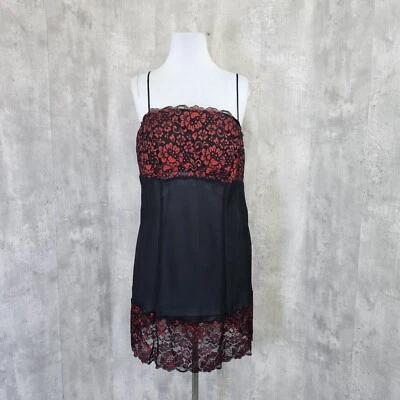 Cacique Plus Size 18/20 Black Red Floral Applique Trim Slip Chemise Lingerie - Image 1 of 4