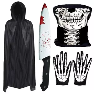 Erwachsene Halloween Kostüm Skelett Herren Sensenmann Totenkopf Messer Umhang - Bild 1 von 7
