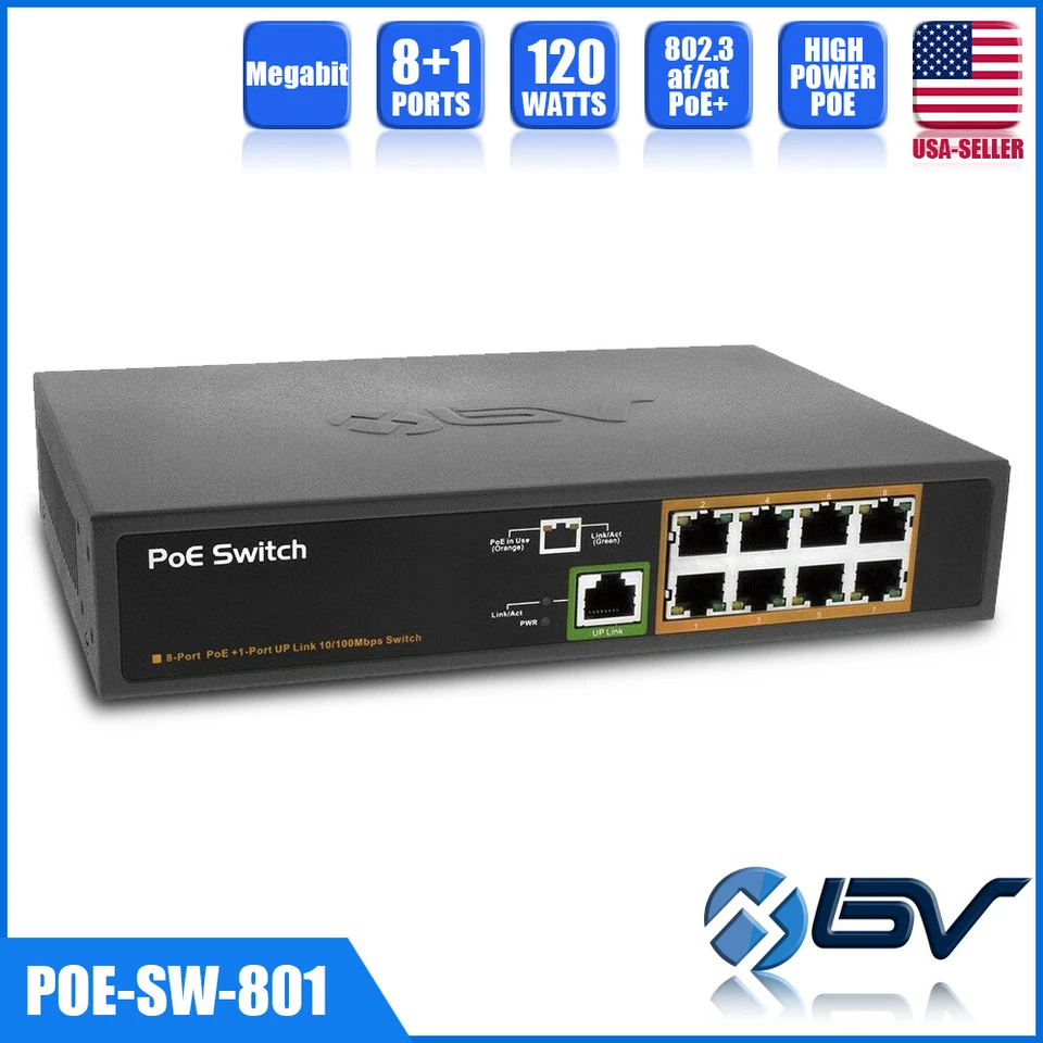 8 Port PoE Switch With 1 Uplink Ethernet Network Max 120W Unmanaged 802.3af/at - Image 1 of 4