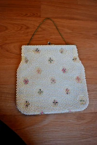 Corde Bead Rose Flower Beaded Bag or Handbag 1950s Cream Pink Vintage Lumured - Picture 1 of 5