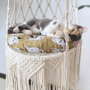 Cat Hammock Boho Style Kitty Hanging Swing Bed Handwoven Pet Sleep Basket Cat UK - Picture 1 of 9