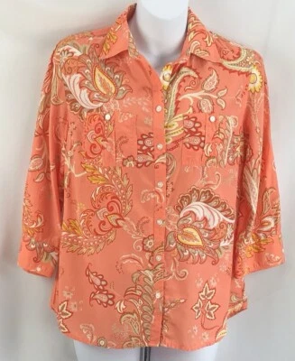 Top De Colección Mark Eisen Botón XS Naranja Floral Cachemira Manga 3/4 RollTab Mezcla Seda Foto 1 de 4