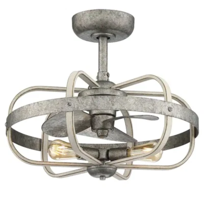 Outdoor Galvanized Caged Ceiling Fan Rustic Steampunk LED Light Unique Farmhouse - Image 1 of 3