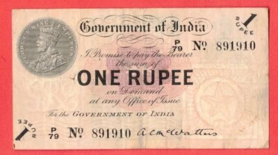 INDIA 1 RUPEE P-1B 1917 KING GEORGE V RAYED* McWATTERS Rare INDIAN CURRENCY NOTE - Image 1 of 2