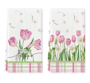 Tulip Buffalo Plaid Flowers Spring Kitchen Towels Dish Towels, 18x26 Inch -2 Pk - Picture 1 of 3