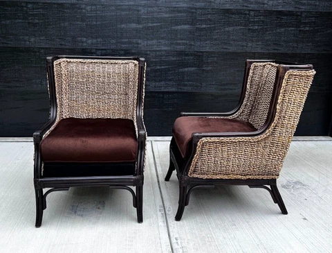 3 PAIRS  AVAIL! Bamboo Seagrass & Rattan Wing Back Velvet Coastal Chairs Cover