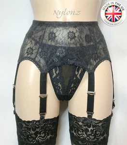 6 Strap Luxury All Lace Suspender Belt Black (Garter Belt) NYLONZ 🇬🇧UK Made - Picture 1 of 2