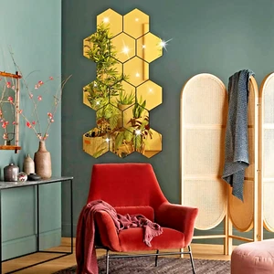 6/12pcs 3D Hexagon Mirror Wall Rose Gold DIY TV Background Living Room - Picture 1 of 5