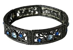 1928 Brand Black Hematite Color Blue Rhinestone Filigree Panel Stretch Bracelet - Picture 1 of 7