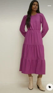 Oasis Purple Textured Tiered Midi Dress. Long Sleeve. Medium RRP £55. BNWT - Picture 1 of 9