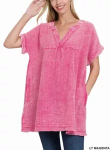 Zenana Washed Double Gauze Raw Edge V Neck Top Color Magenta Size Medium - Picture 1 of 3