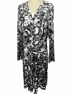 Vestido para mujer Kay Unger 14 negro blanco gris gráfico floral manga larga cuello en V Foto 1 de 4