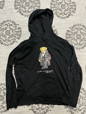 Camiseta Ralph Lauren Polo M Duffle Coat urso com capuz manga longa média preta HTF - Imagem 1 de 3