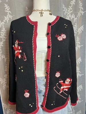 Mercer Street Studio Santa Esquí Navidad Cárdigan Suéter Negro Rojo M Foto 1 de 4