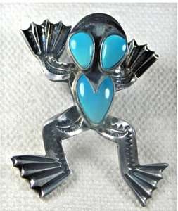 NATIVO AMERICANO Estampado Esterlina 3 Turquesa Hecho a Mano Vintage Rana Prendedor Estate - Imagen 1 de 5
