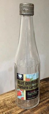 Botella de etiqueta de papel Catsup de tomate diamante azul vintage RARA con tapa - Fowlerton IN Foto 1 de 4